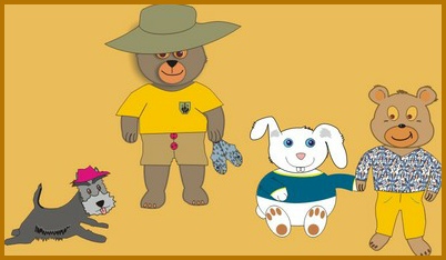 Group_pic Group of Furry Characters. Uncle Rumpus, Algy, Bun and Shorty the dog